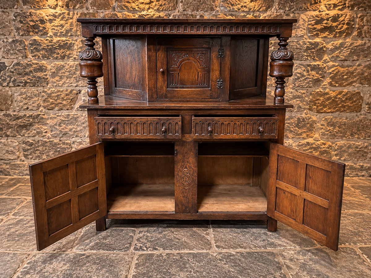Antique Carved Oak Court Cupboard – Jacobean Revival Sideboard c.1890–1910
