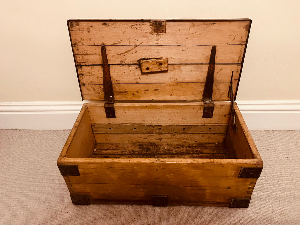 Pair of Vintage Wooden Storage Chests – Rustic Industrial Trunks with Iron Hardware and Dovetail Joints