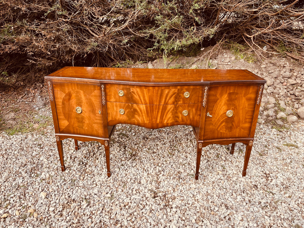 Antique Edwardian Mahogany Bow Front Sideboard – Sheraton Revival Flame Mahogany Server Cabinet