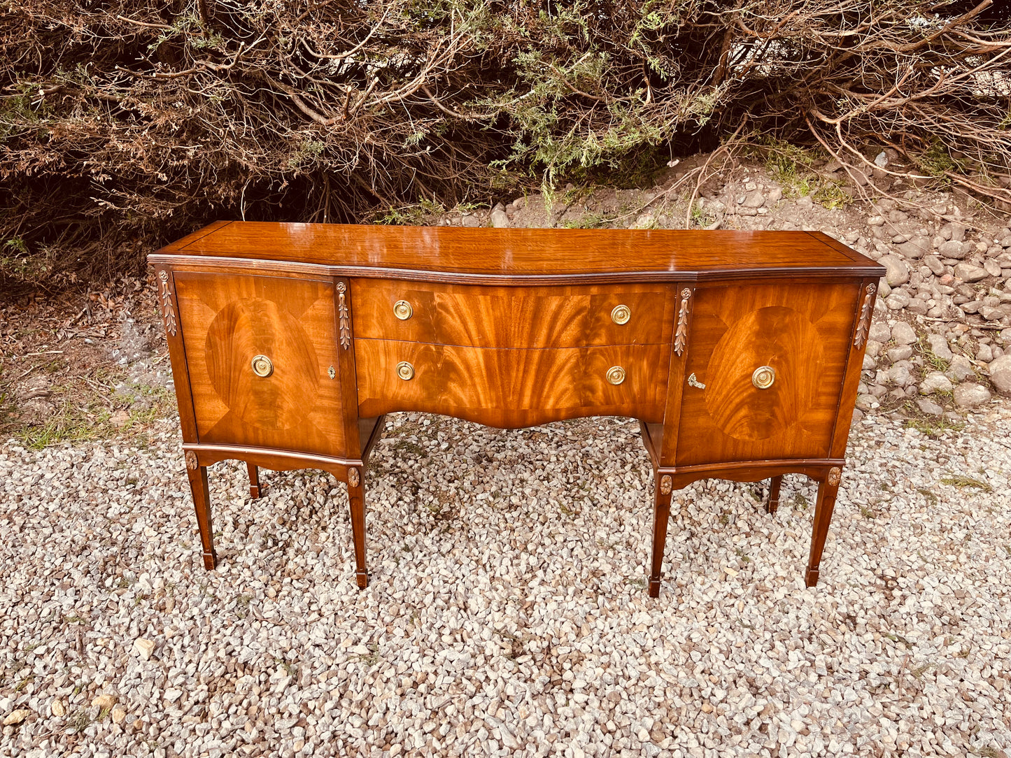Antique Edwardian Mahogany Bow Front Sideboard – Sheraton Revival Flame Mahogany Server Cabinet