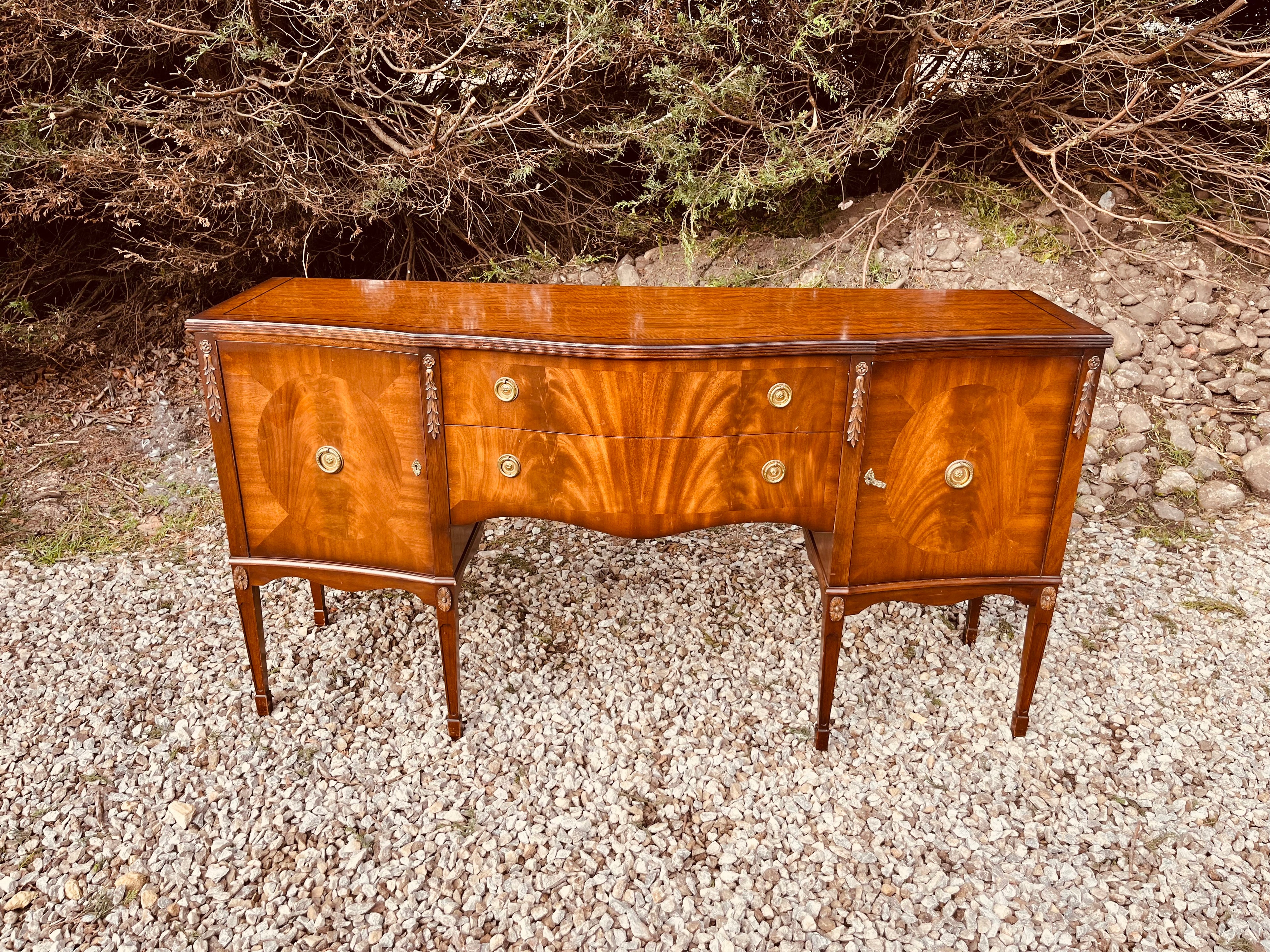 Antique Edwardian Mahogany Bow Front Sideboard – Sheraton Revival Flame Mahogany Server Cabinet