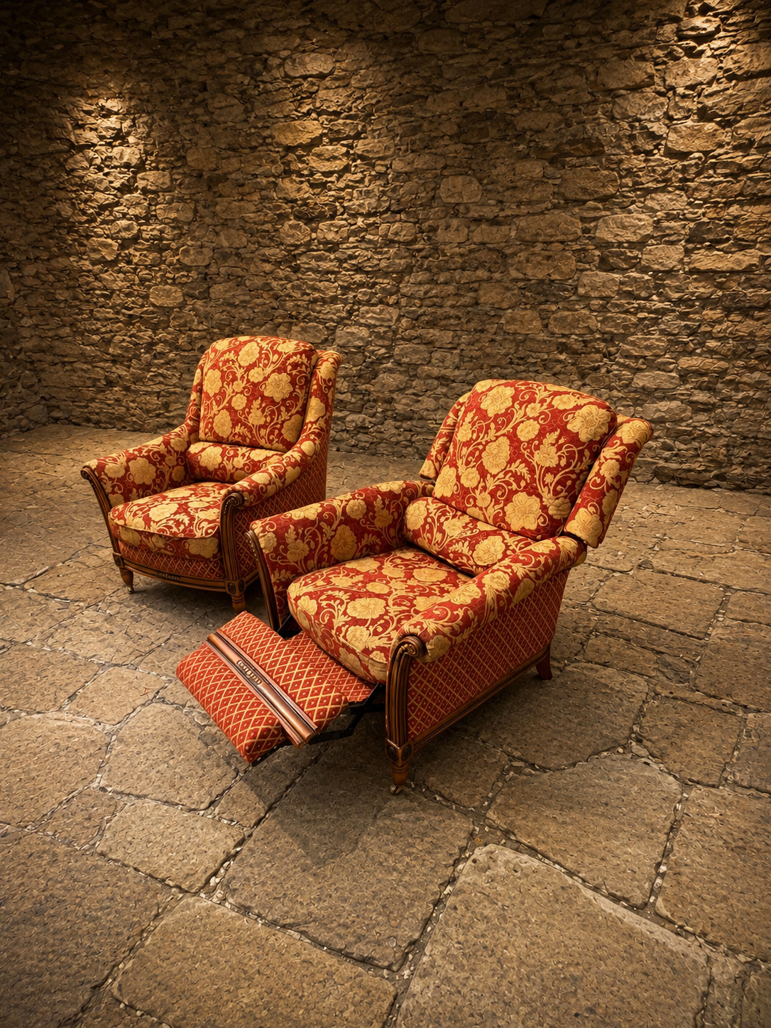 Pair of English Country House Damask Armchairs with Reclining Footstool