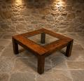 Vintage 1970s Brutalist Oak & Glass Coffee Table – Large 100cm Square