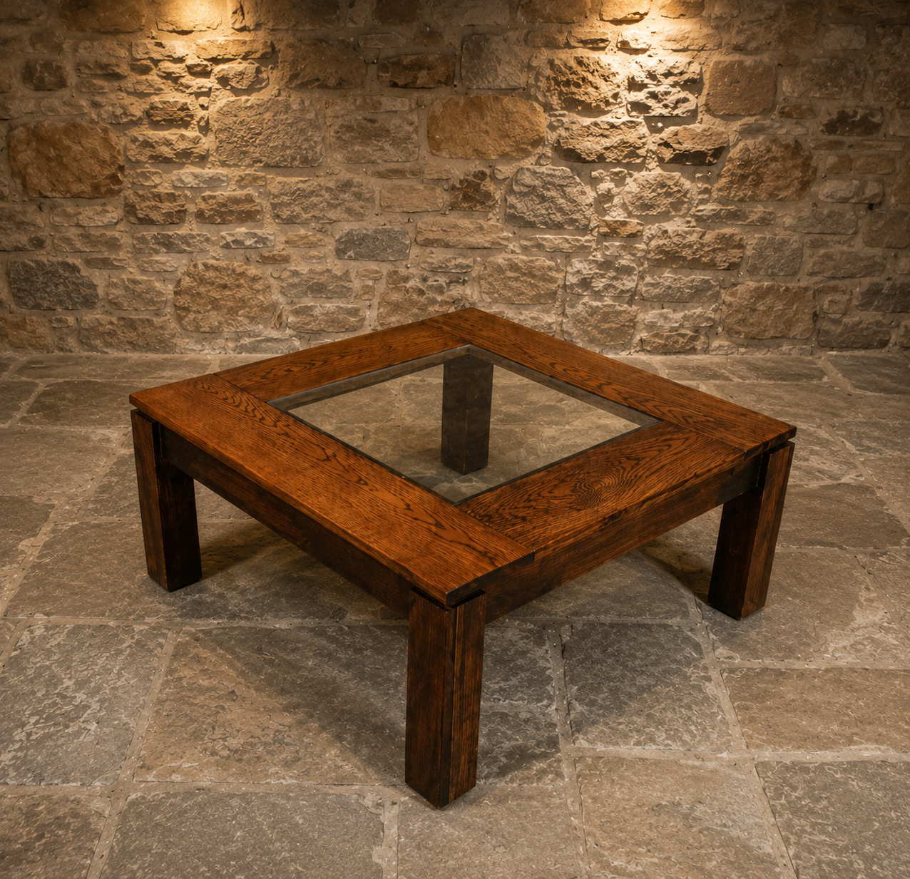 Vintage 1970s Brutalist Oak & Glass Coffee Table – Large 100cm Square