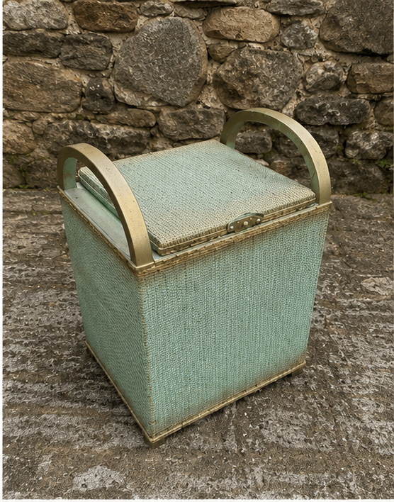 Vintage Mint Green Sewing Box | 1950s Mid Century Knitting Storage Hamper
