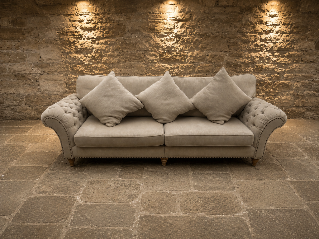 Large Chesterfield Style 3 Seater Sofa – Neutral Linen Look Upholstery & Buttoned Arms