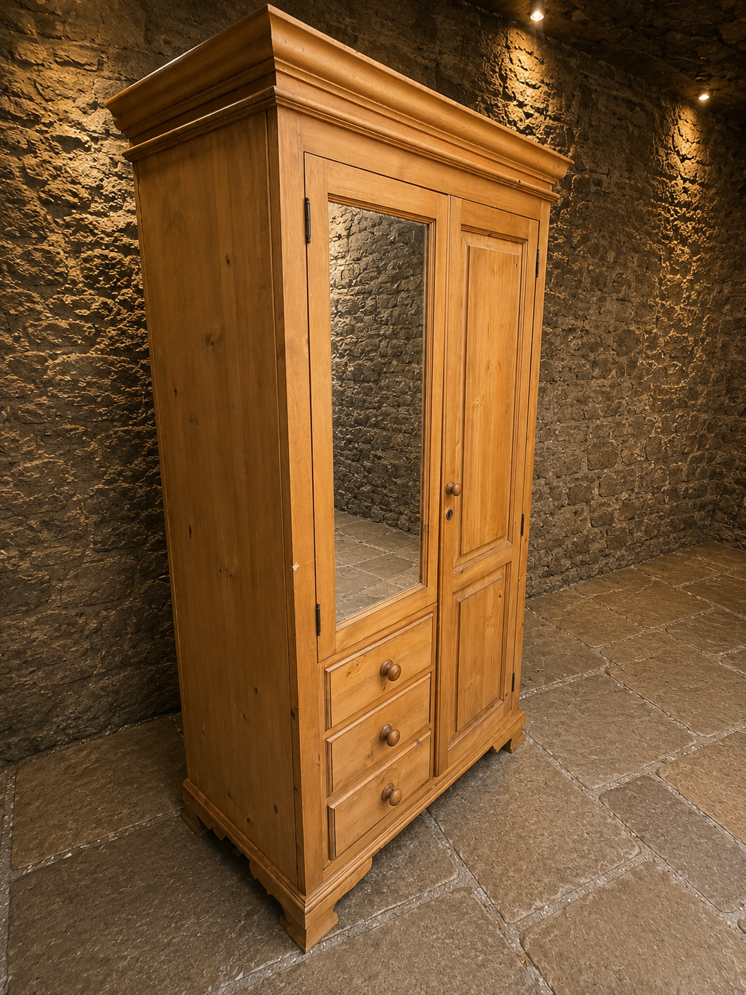Large Solid Pine Combination Wardrobe with Mirror & Three Drawers