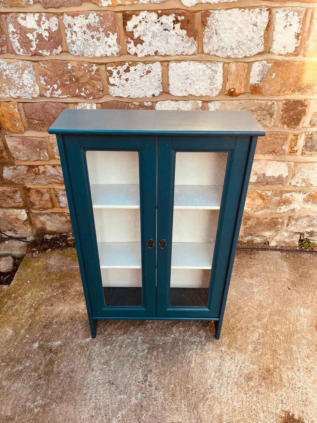 Hand-Painted Vintage Glazed Display Cabinet in Deep Blue