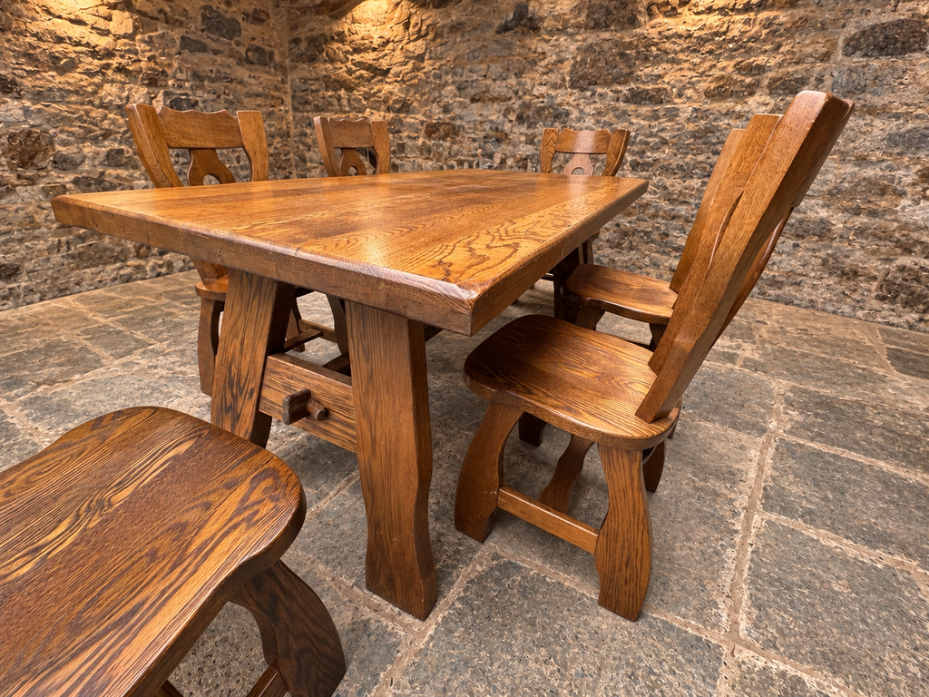 Mid-Century French Oak Dining Table & Six Chairs – Guillerme et Chambron Style c.1970