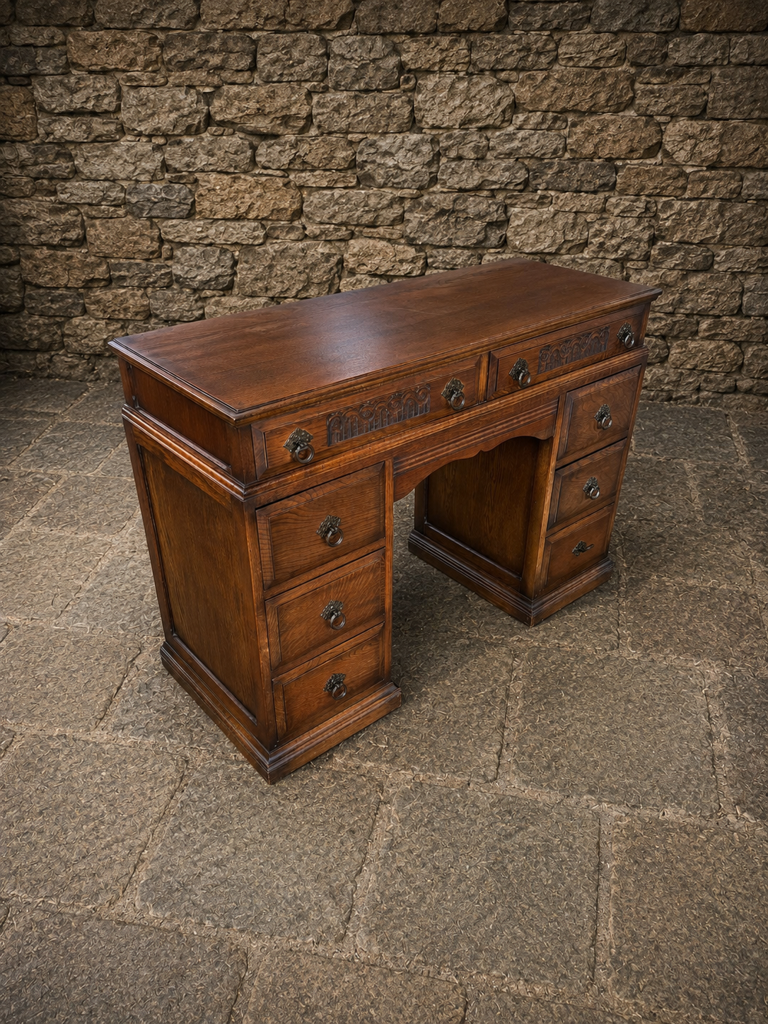 1930s Jacobean Revival Solid Oak Pedestal Desk