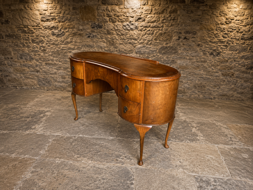 Antique Queen Anne Revival Walnut Kneehole Desk | 1930s Walnut Writing Desk | Vintage Dressing Table