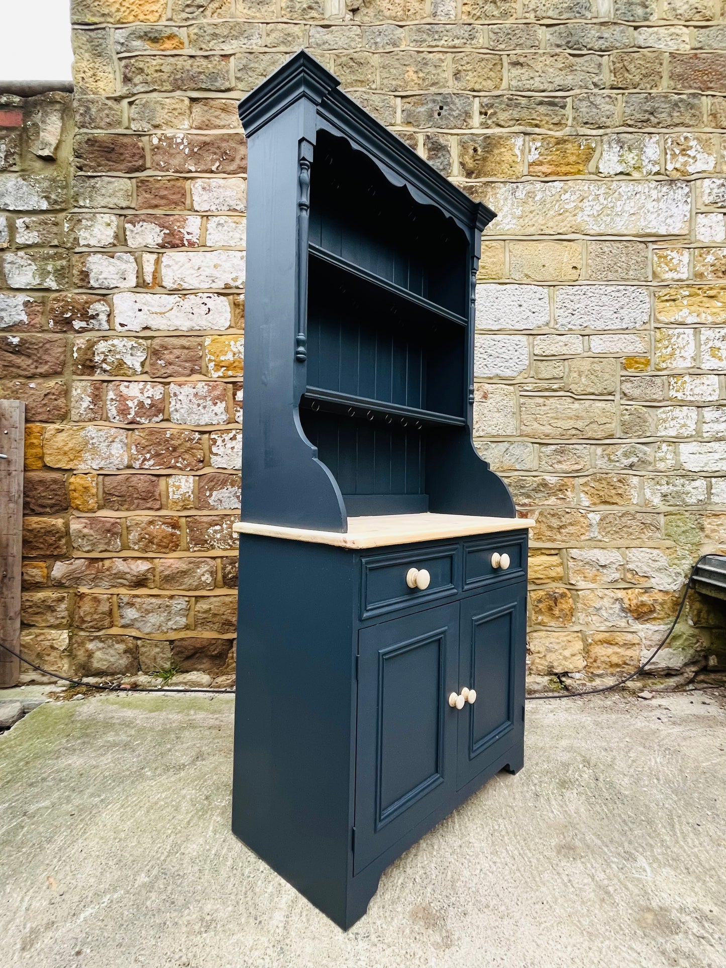 Mid-20th Century Welsh Dresser | Hand-Painted Navy Blue Farmhouse Cupboard with Solid Wood Top