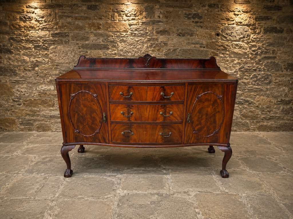 Antique Mahogany Serpentine Sideboard with Figured Veneers – Early 20th Century
