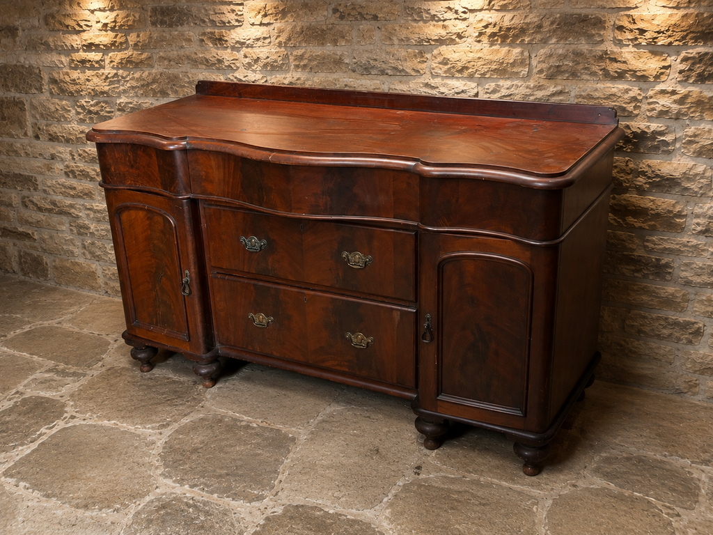 Antique Victorian Mahogany Serpentine Sideboard | c.1840–1860 | Figured Wood Chiffonier | Large Country House Storage Cabinet