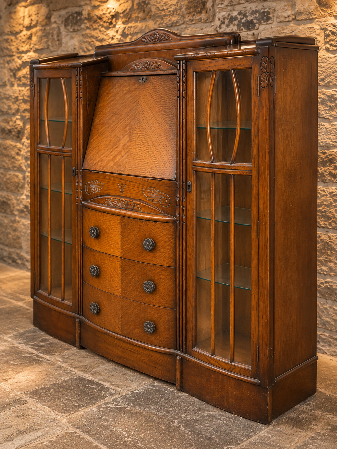 Antique Arts & Crafts Oak Side-by-Side Bureau Bookcase – Art Nouveau Display Cabinet c.1900