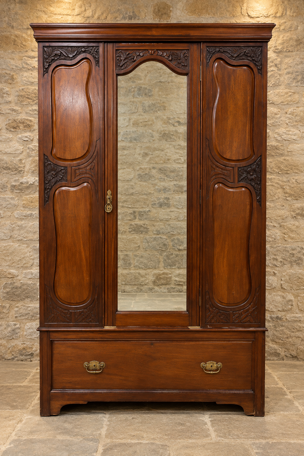 Edwardian carved mahogany mirrored wardrobe