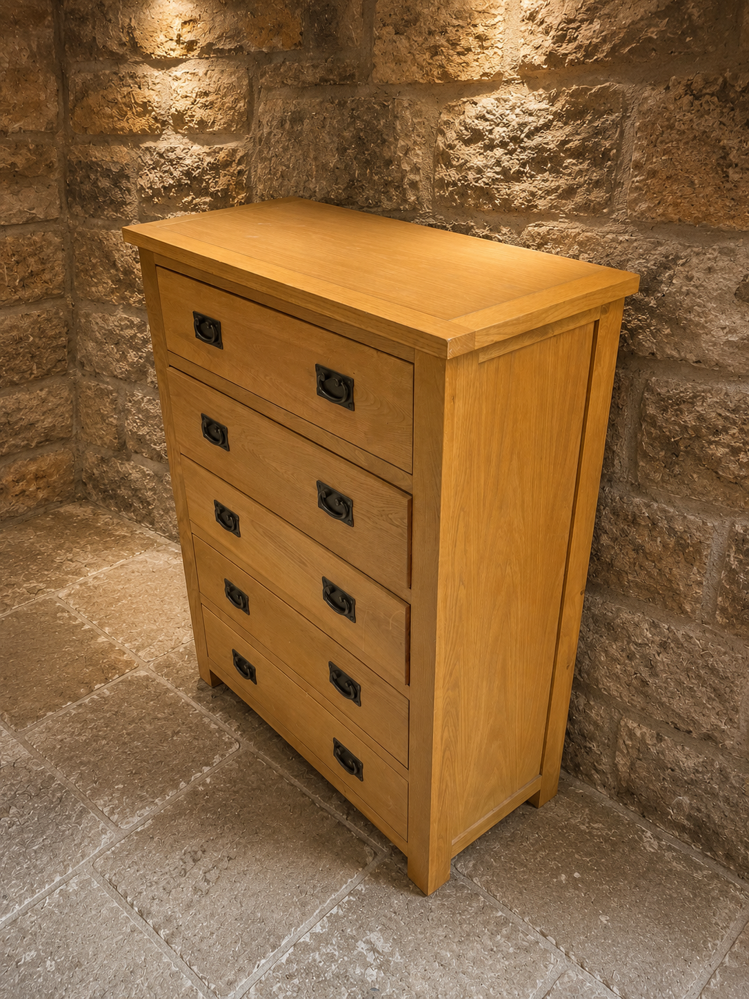 Solid Oak Tallboy Chest of Drawers – Five Drawer Arts & Crafts Style