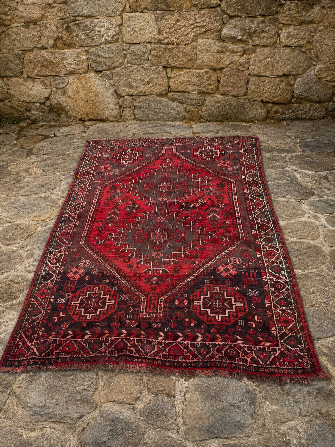 Vintage Hand-Knotted Afghan Tribal Rug | Red Geometric Wool Area Rug | Persian Style Carpet c.1960–1980