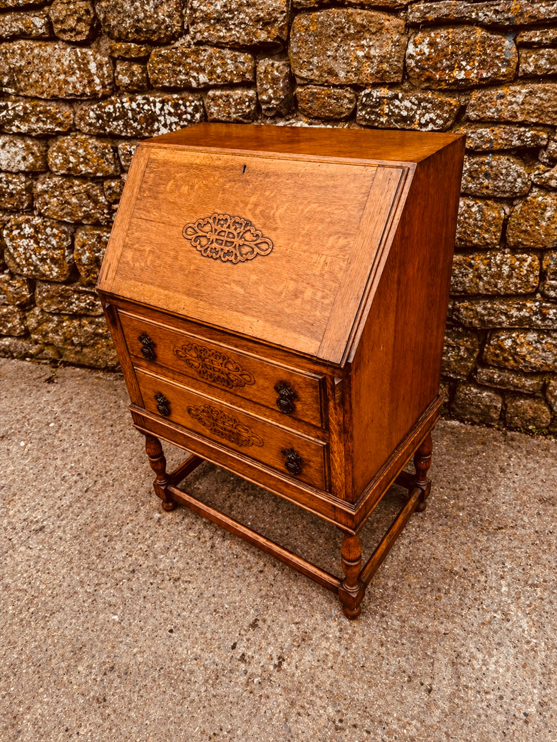 Vintage Oak Bureau Desk – 1930s Fall Front Writing Desk with Carved Detail