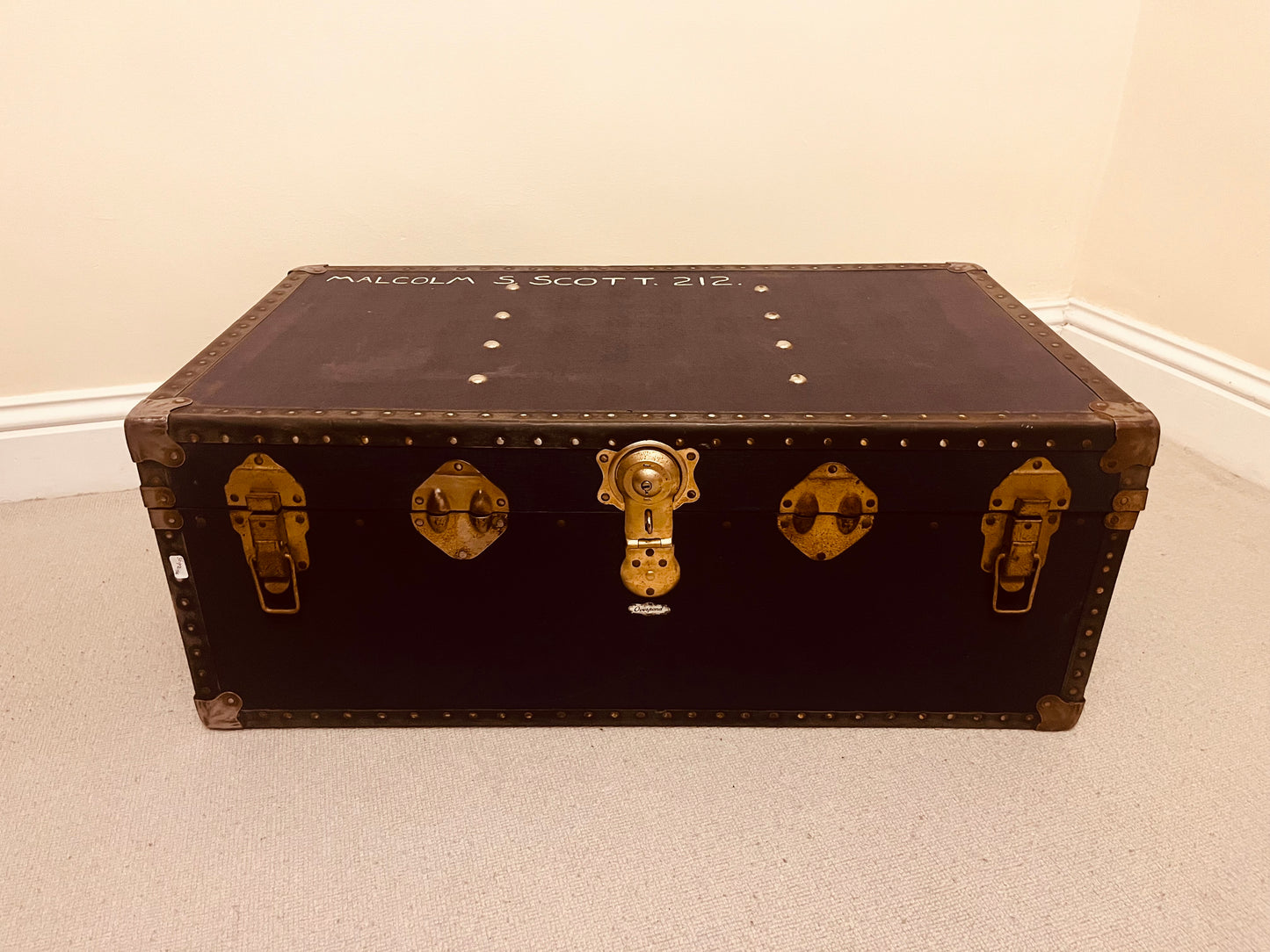 Pair of Vintage Travel Trunks – Tan Leather & Black Metal Storage Chests – Retro Luggage by The Proudlove Studio