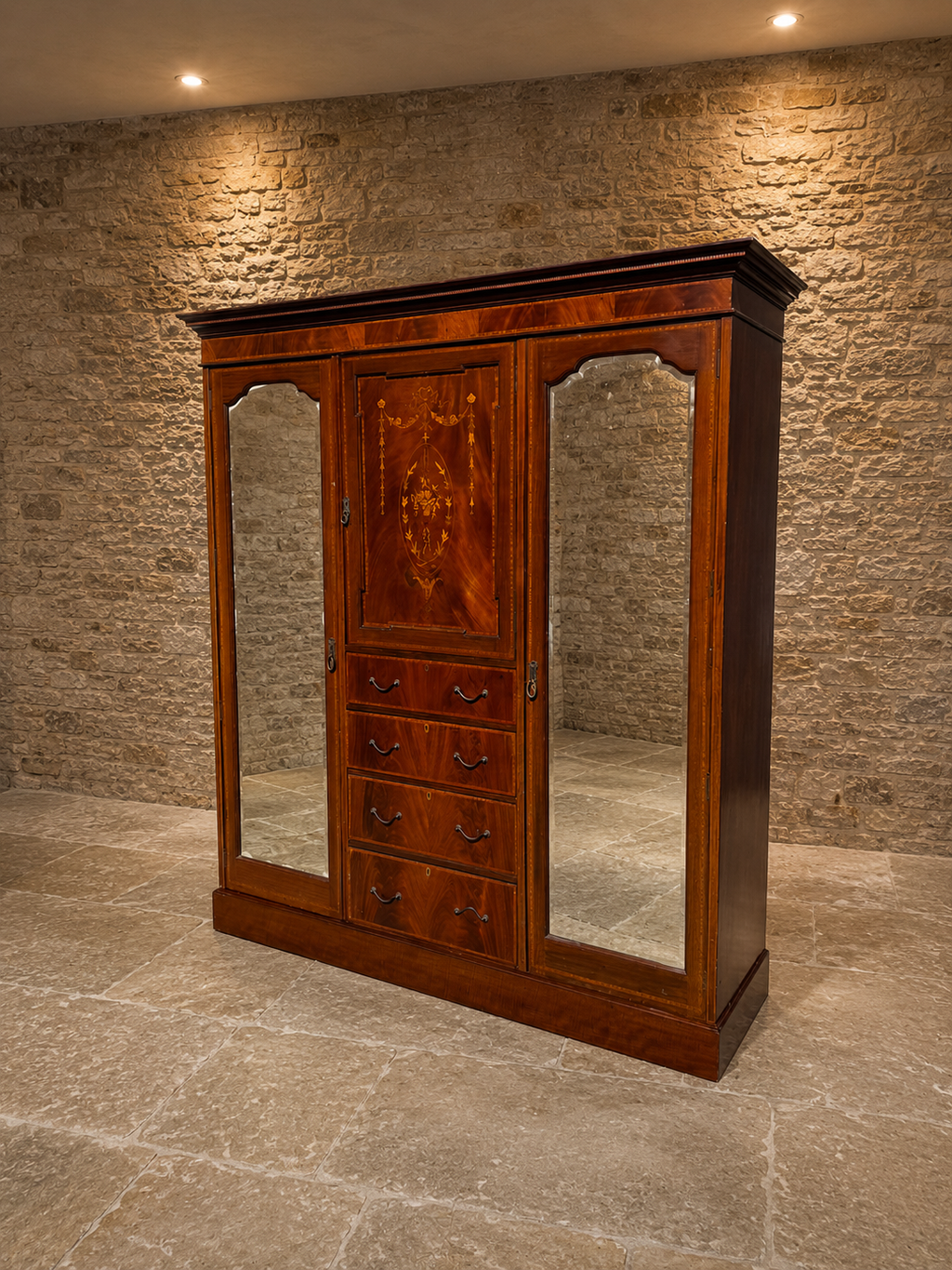 Antique Edwardian Inlaid Mahogany Triple Wardrobe c.1900 – Sheraton Revival Mirrored Wardrobe