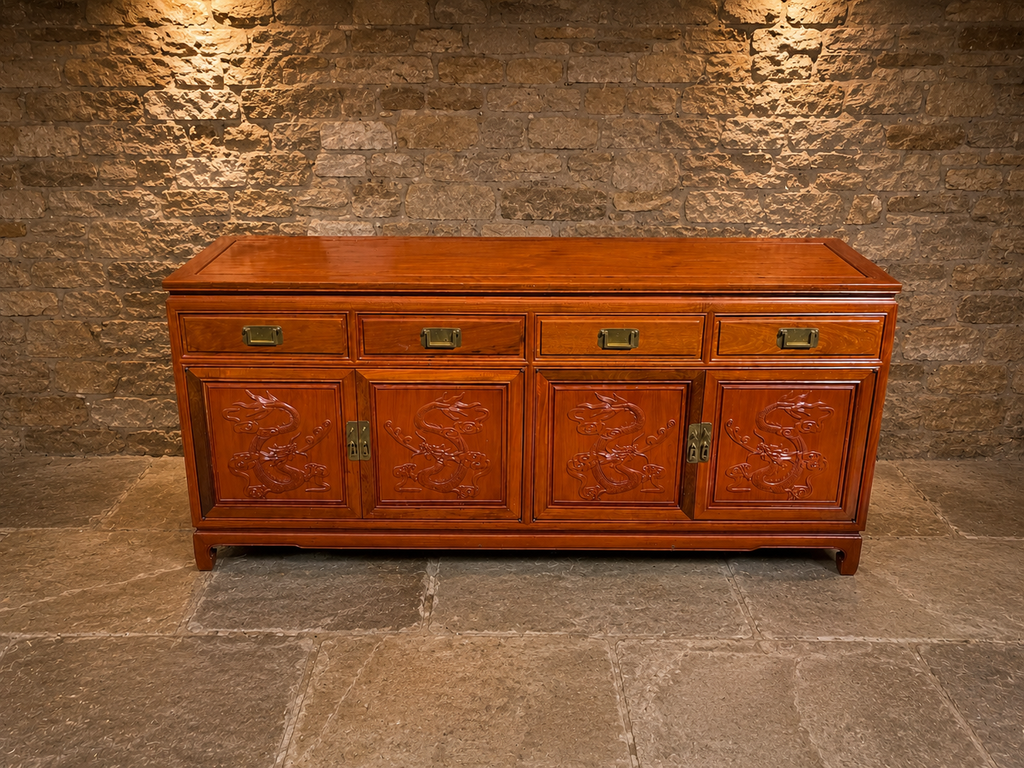 Vintage Chinese Carved Dragon Hardwood Sideboard – Four Door Oriental Cabinet