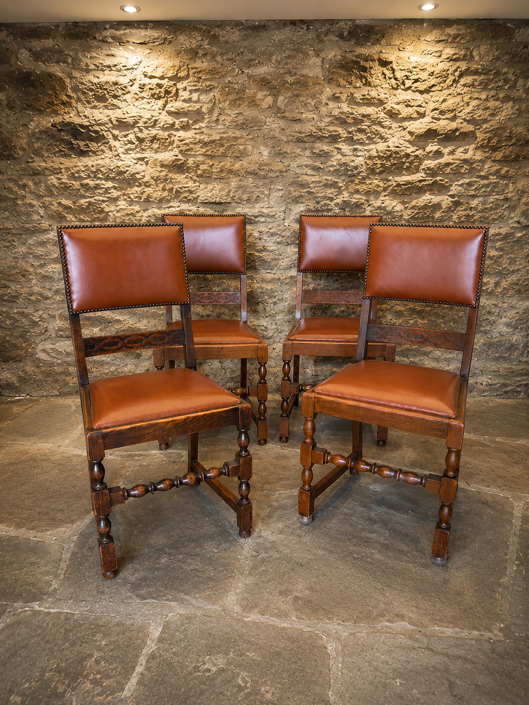 Antique 1842 Victorian Oak Dining Chairs – Set of Four with Tan Leather Upholstery