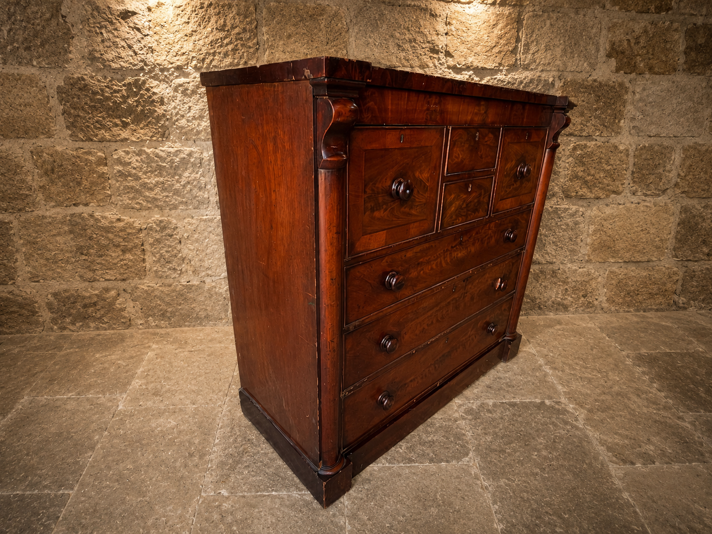 Victorian Flame Mahogany Wellington Chest | Antique English Mahogany Chest of Drawers | 19th Century Apothecary Style Chest | Country House Furniture