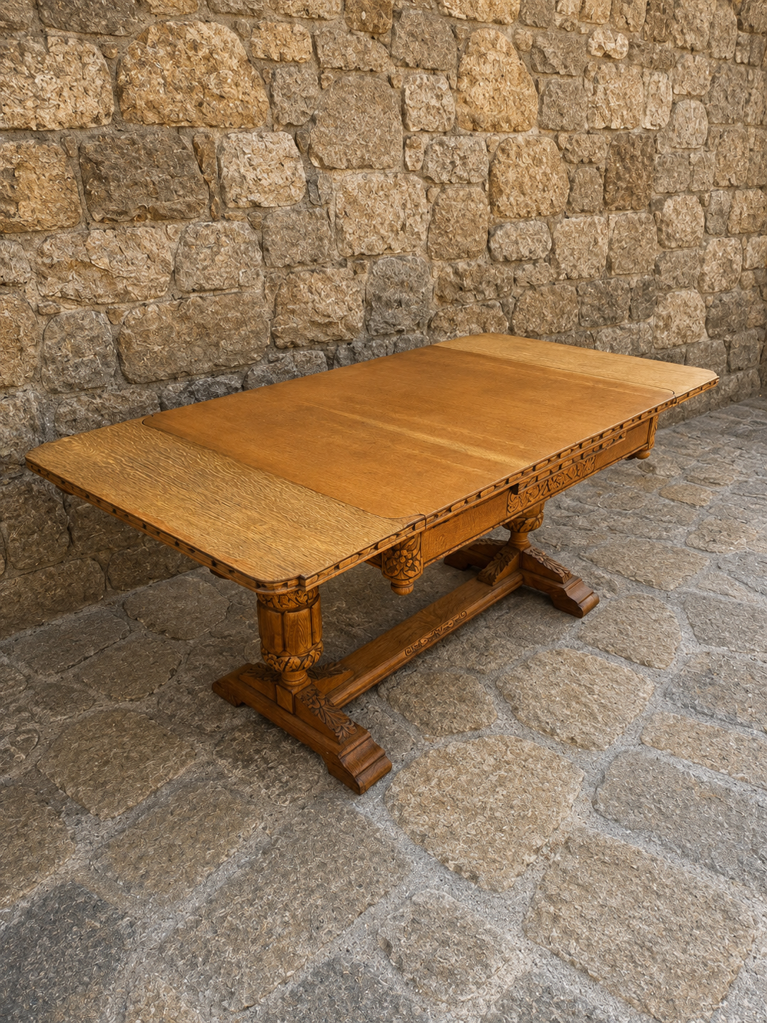 Large Antique Oak Draw Leaf Dining Table