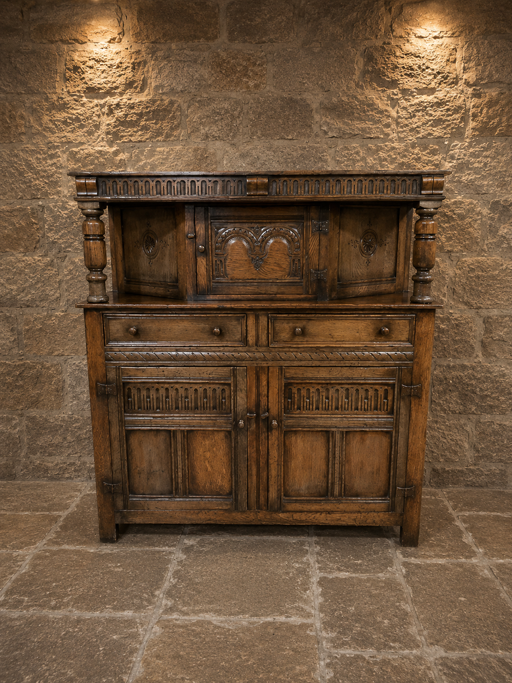 Antique Arts & Crafts Oak Dresser Sideboard | Jacobean Revival Carved Buffet Cabinet | English Oak | c.1900–1925