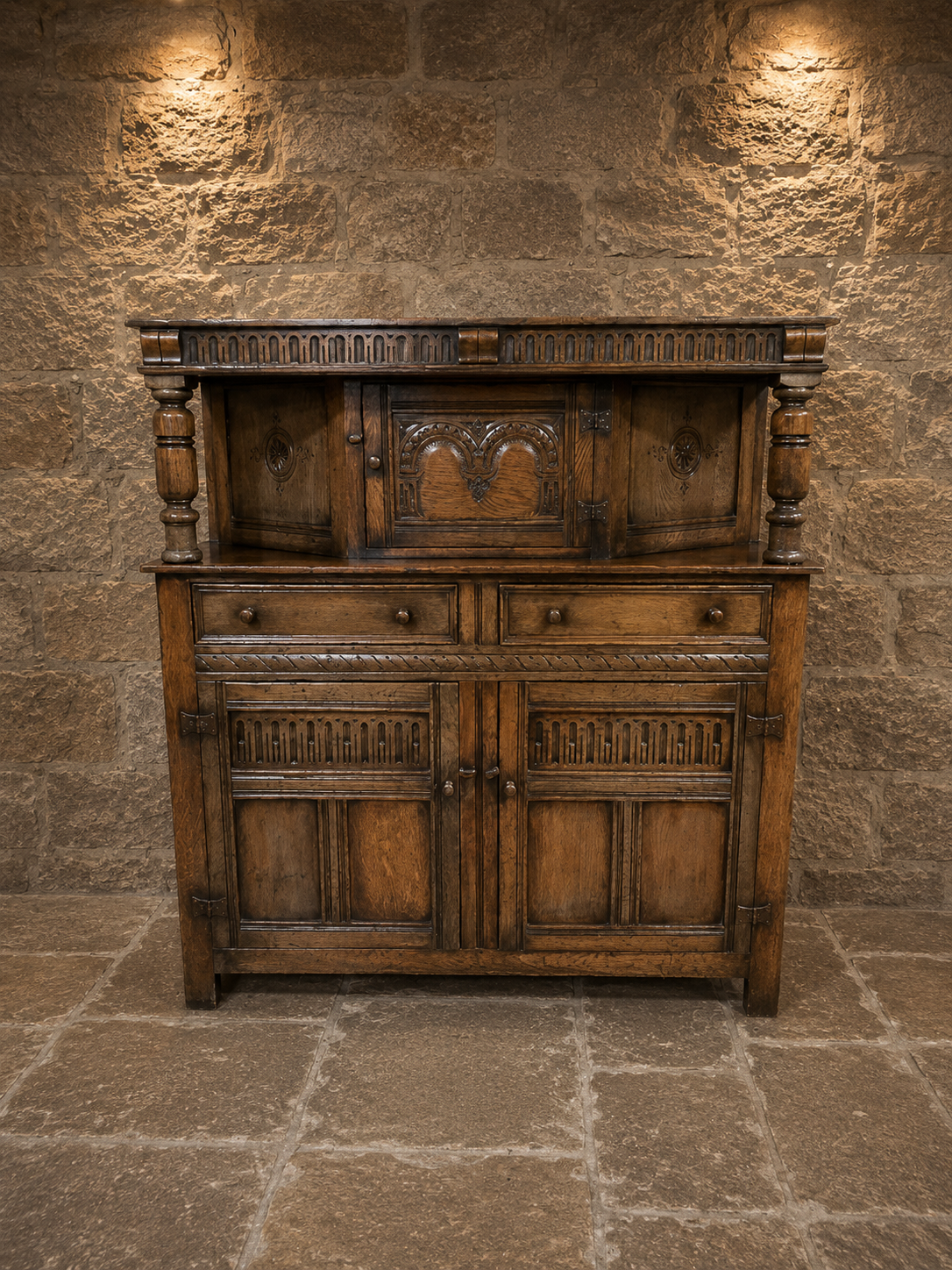 Antique Arts & Crafts Oak Dresser Sideboard | Jacobean Revival Carved Buffet Cabinet | English Oak | c.1900–1925