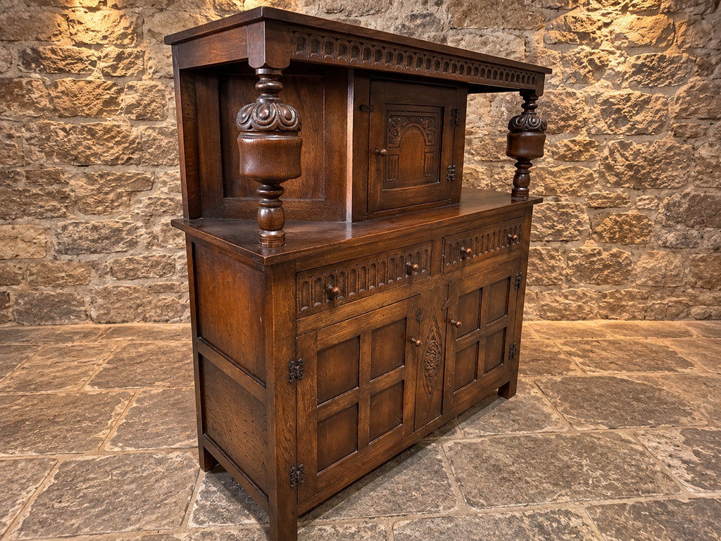 Antique Carved Oak Court Cupboard – Jacobean Revival Sideboard c.1890–1910