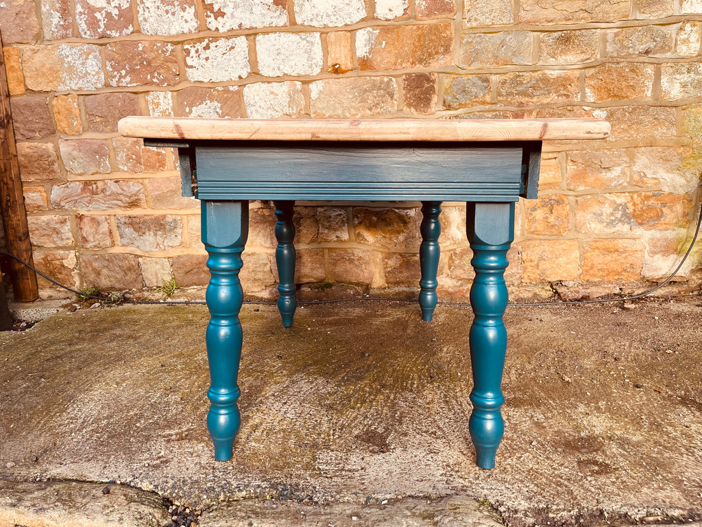 Vintage Pine Table – Refinished Top & Teal Turned Legs