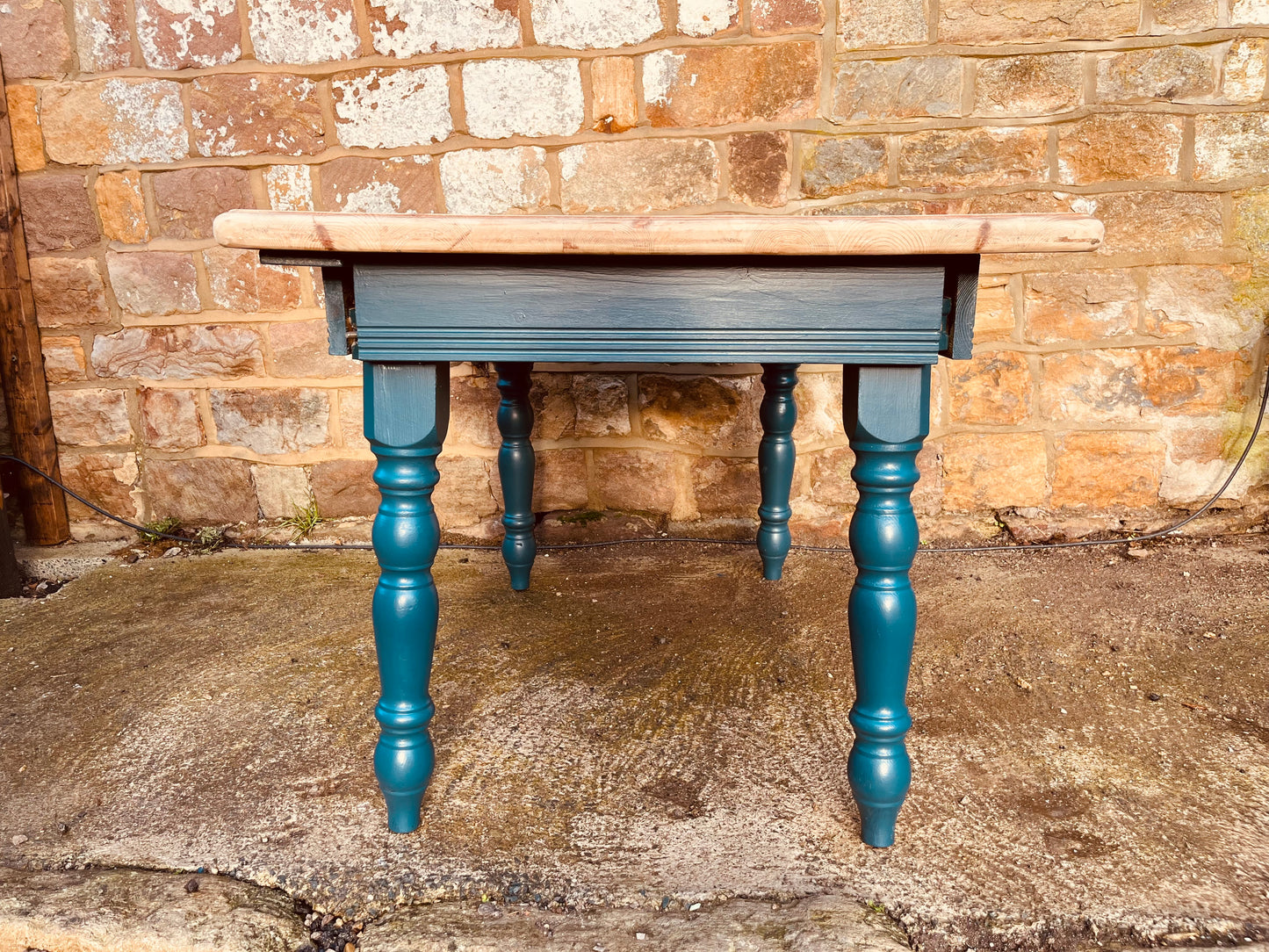 Vintage Pine Table – Refinished Top & Teal Turned Legs