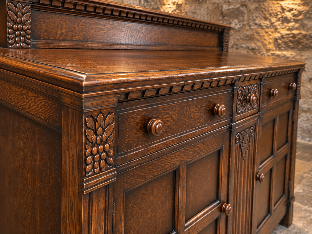 Vintage Carved Oak Sideboard – Traditional Dark Oak Two Door Storage Cabinet
