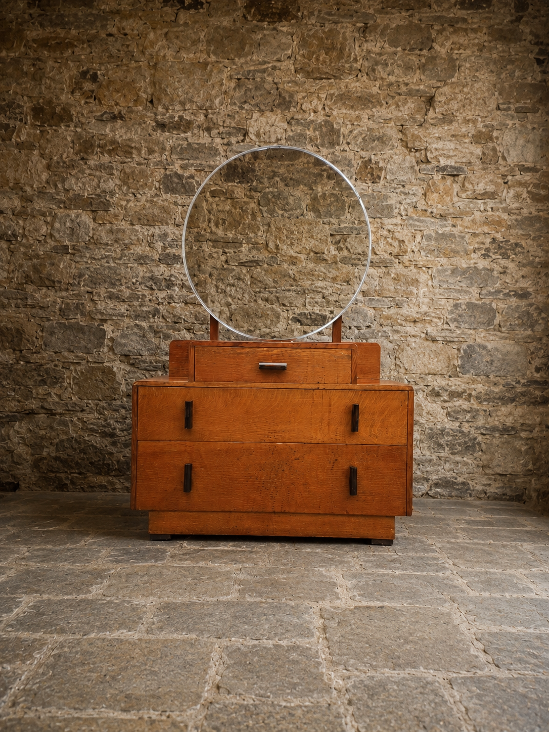 Art Deco Oak Dressing Table with Oval Mirror | Antique 1930s Vanity Chest