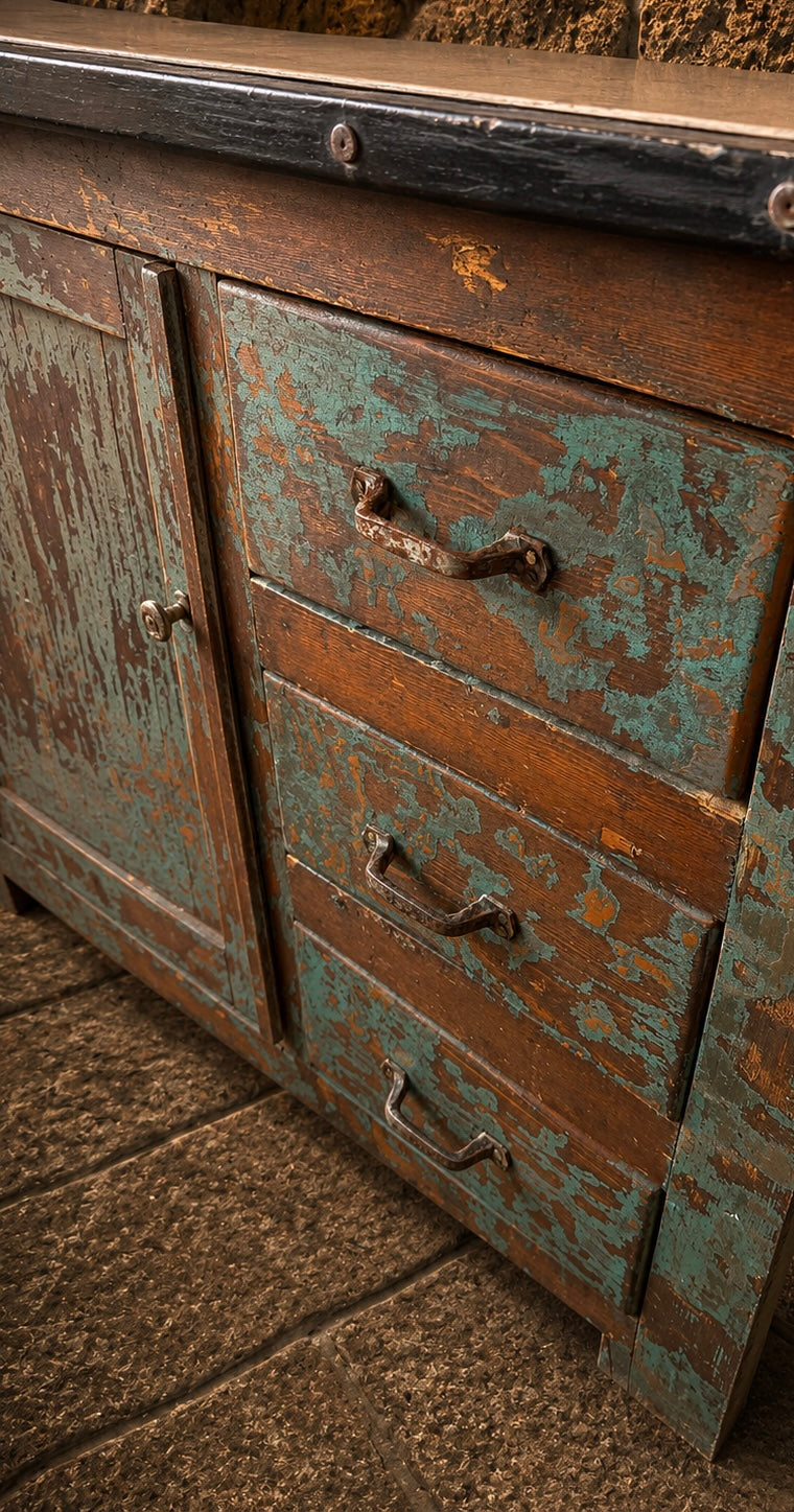 Antique Industrial Pine Sideboard | Original Painted Workshop Cabinet | Metal Top Storage Cabinet | Rustic Kitchen Island