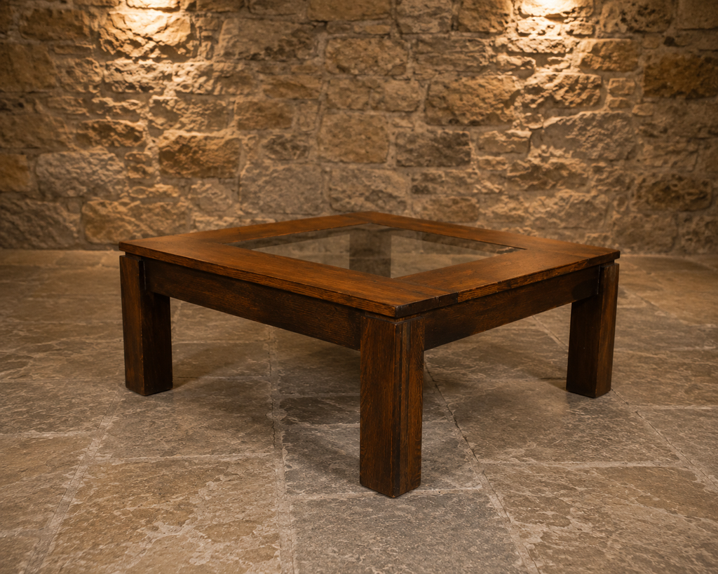 Vintage 1970s Brutalist Oak & Glass Coffee Table – Large 100cm Square