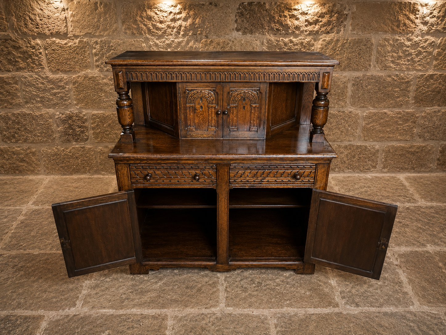 Vintage Carved Oak Jacobean Revival Dresser Base with Raised Back