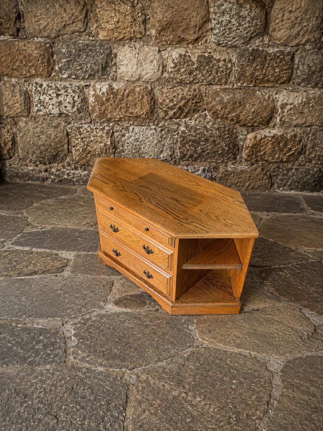 Vintage Solid Oak Corner Cabinet Coffee Table – Rustic Farmhouse Storage Unit c.1980s