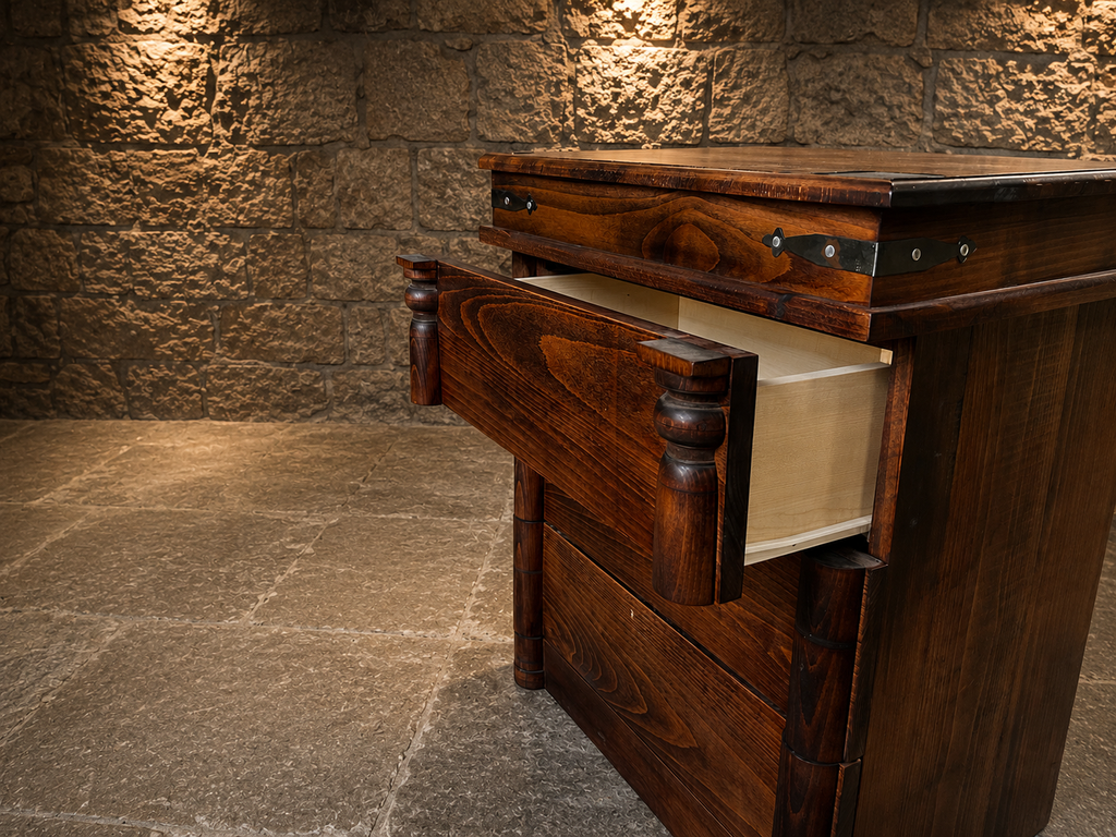 Campaign Style Chest of Drawers in Dark Wood with Brass Strap Detail