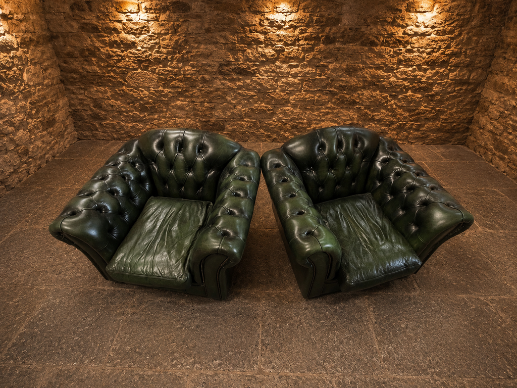 Vintage Pair of Green Leather Chesterfield Club Armchairs