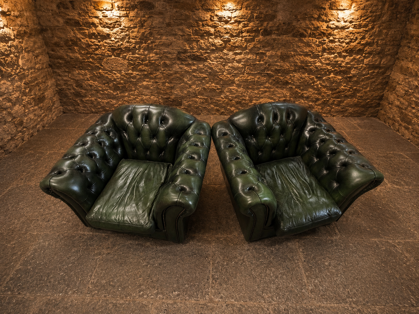 Vintage Pair of Green Leather Chesterfield Club Armchairs