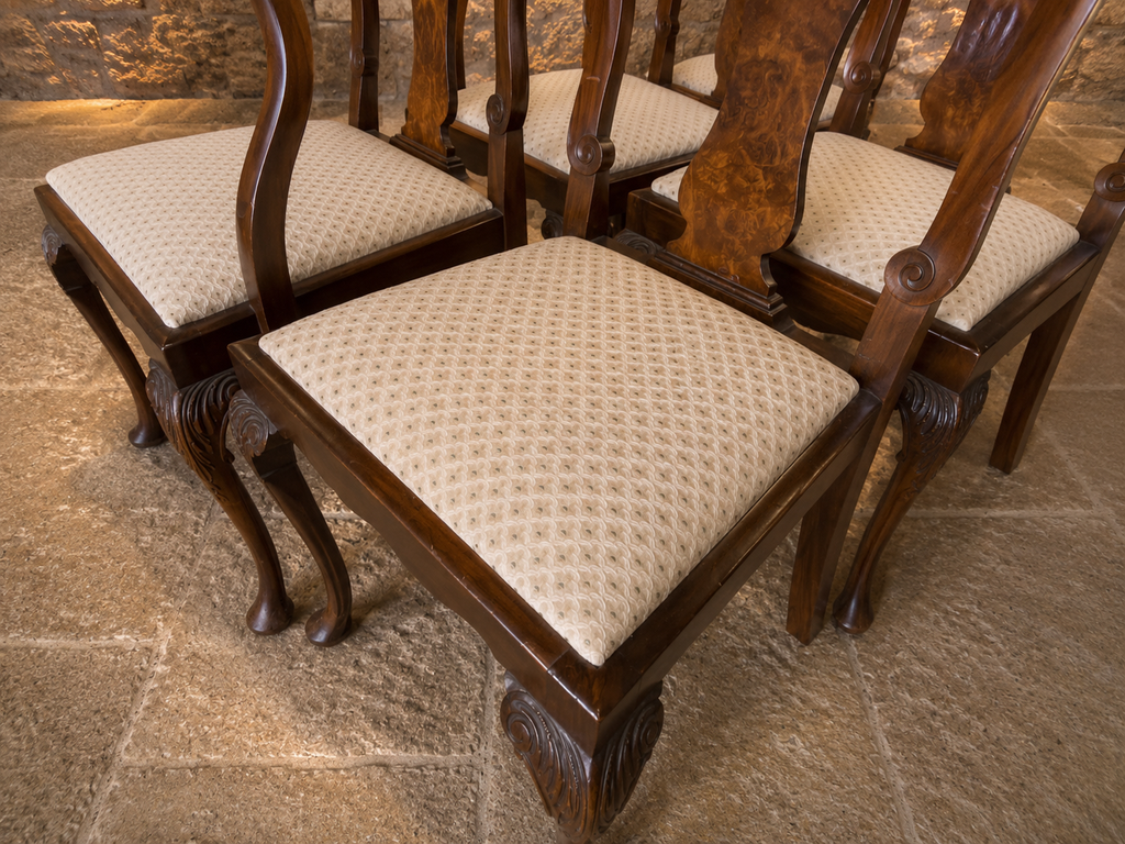 Set of 6 Queen Anne Style Dining Chairs | Mahogany & Burr Walnut Dining Chairs | Vintage English Dining Suite | 4 Chairs & 2 Carvers