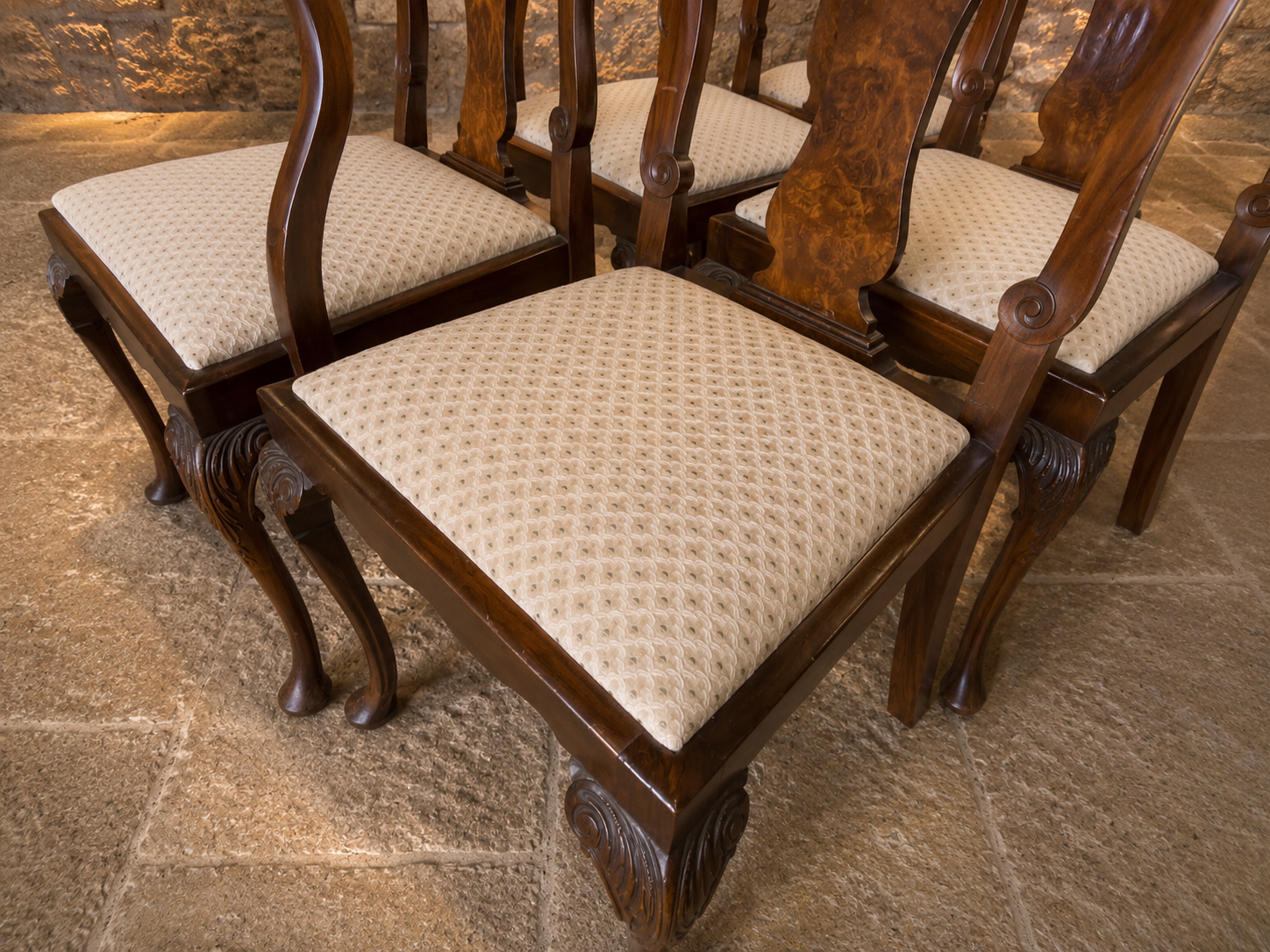 Set of 6 Queen Anne Style Dining Chairs | Mahogany & Burr Walnut Dining Chairs | Vintage English Dining Suite | 4 Chairs & 2 Carvers