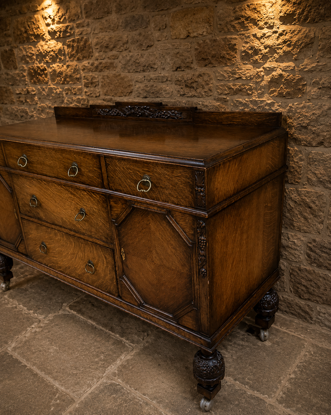 Antique English Tiger Oak Jacobean Revival Sideboard | Solid Oak Buffet | Circa 1930