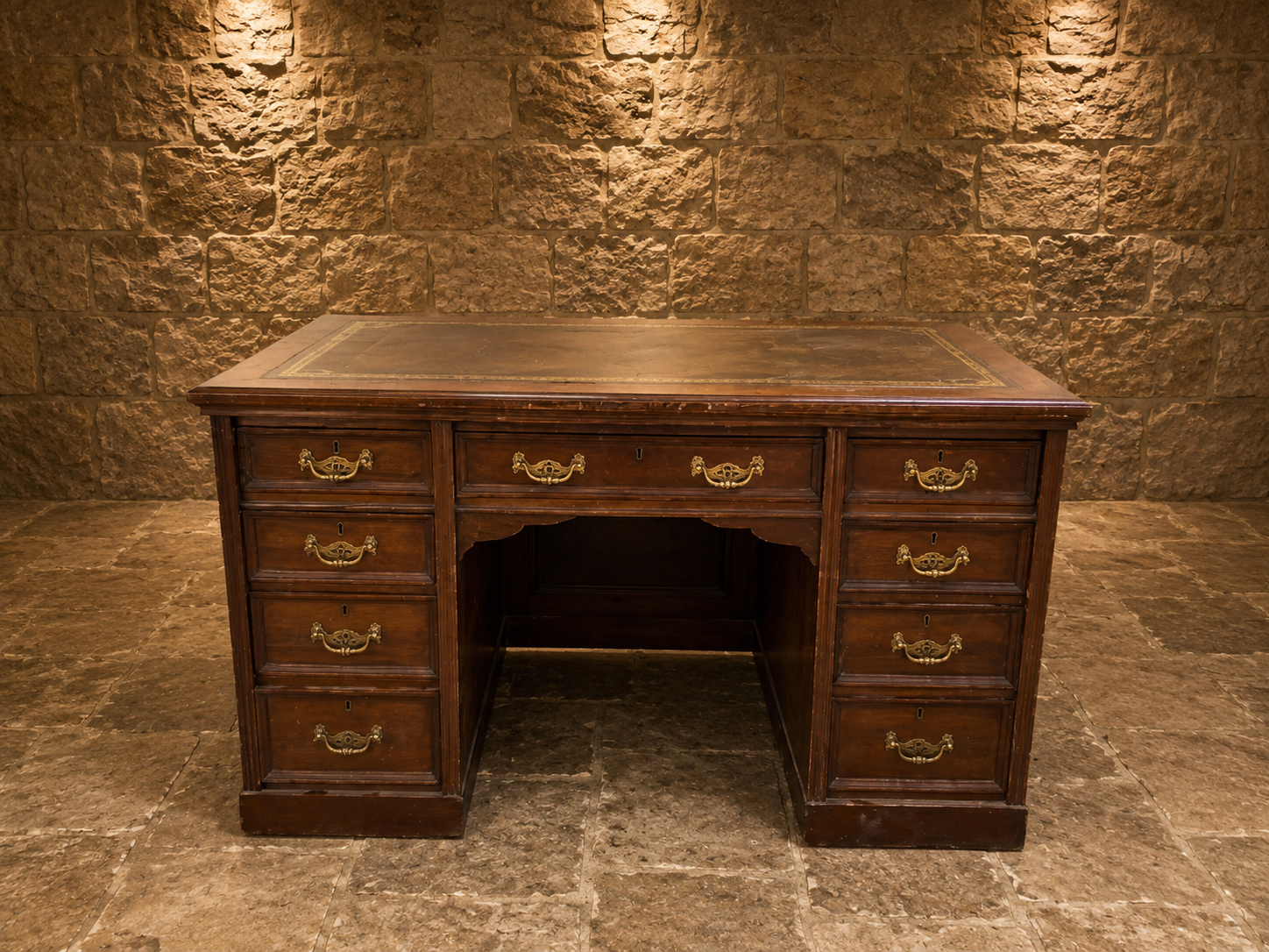 Antique Late Victorian Mahogany Pedestal Desk with Gilt Tooled Leather Writing Surface