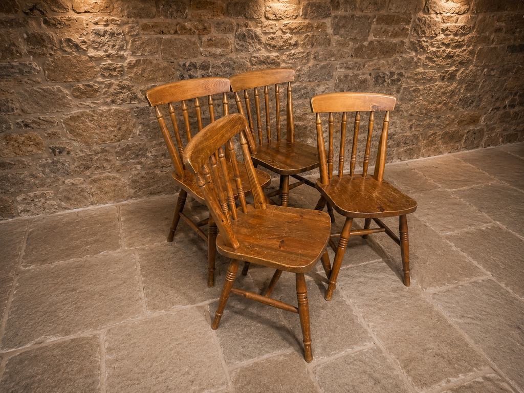 Vintage Set of 4 Windsor Style Wooden Dining Chairs – Rustic Farmhouse Spindle Back Kitchen Chairs