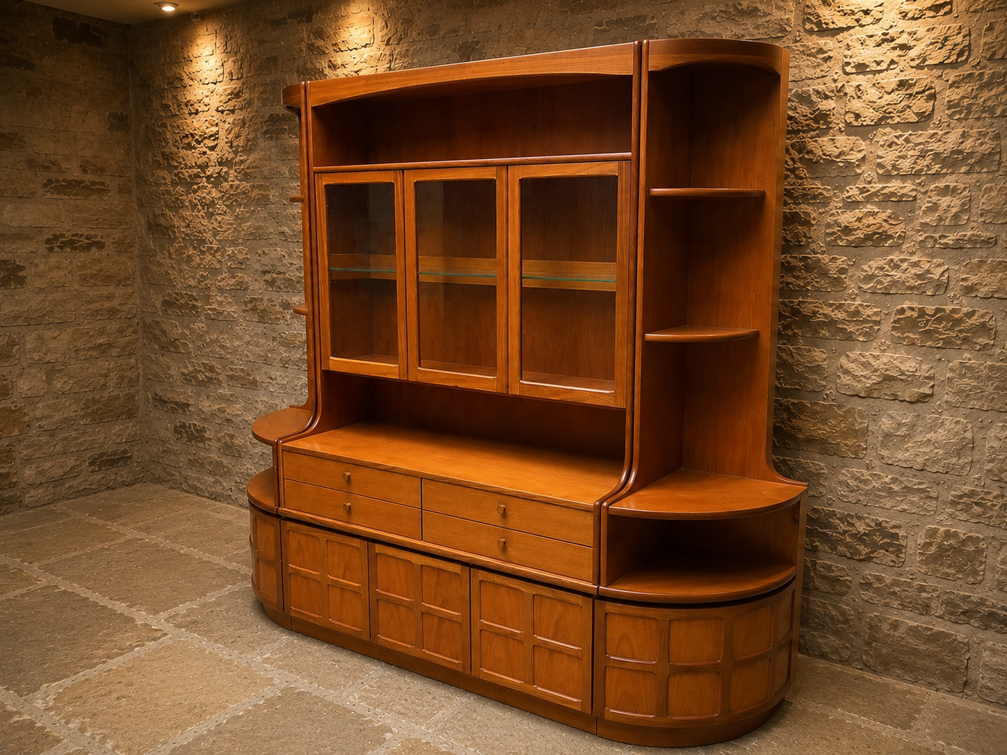 Large Mid Century Modern Teak Wall Unit | Scandinavian Display Cabinet, Bookcase & Sideboard | Circa 1965–1975