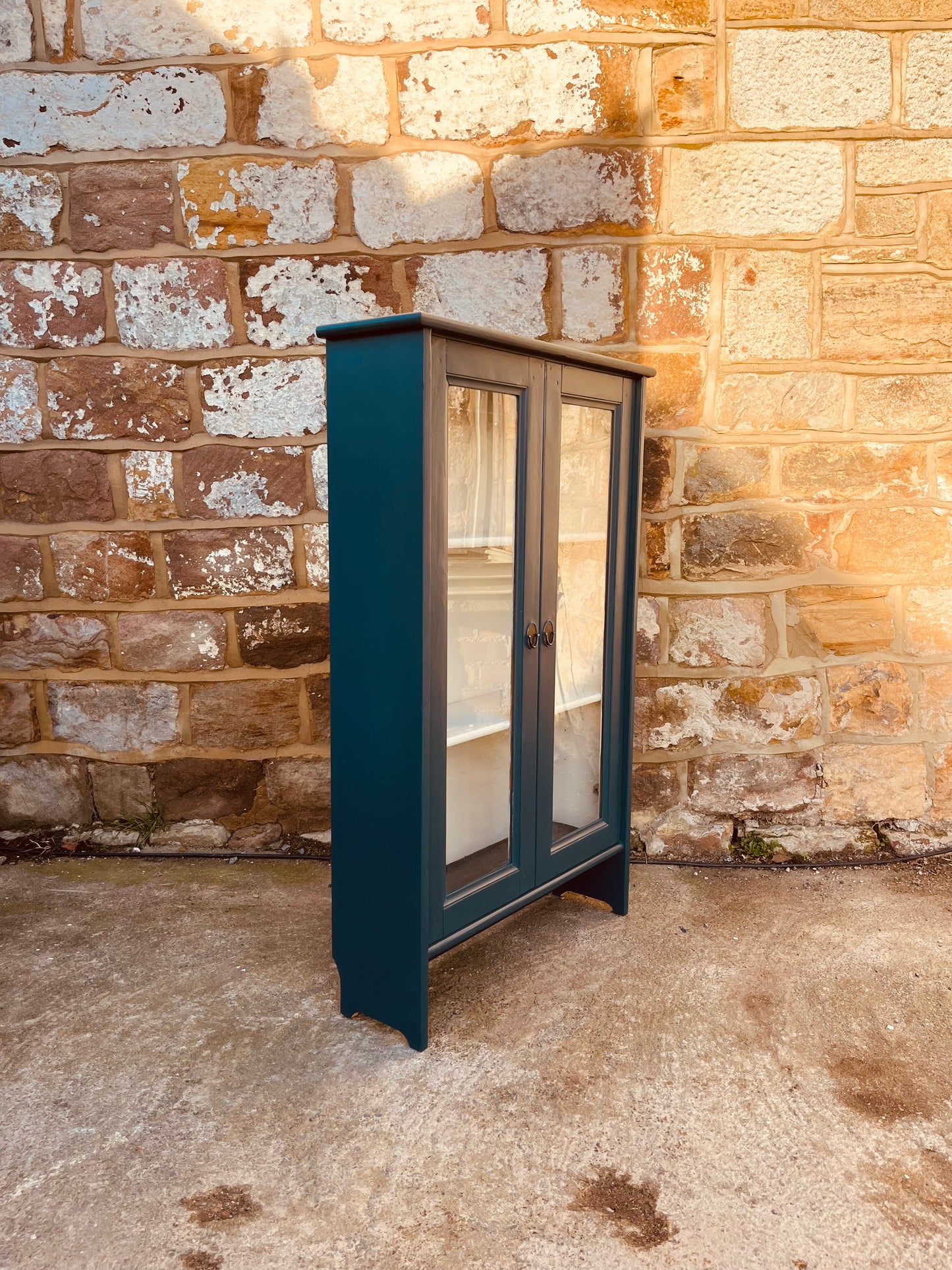 Hand-Painted Vintage Glazed Display Cabinet in Deep Blue